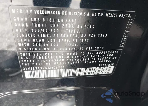 2021 Volkswagen Tiguan 2.0T Se/2.0T Se R-Line Black/2.0T Sel из США, поврежденный, VIN 3VV3B7AX7MM009181